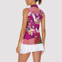 Hawaiian and Japanese Culture Together Women Sleeveless Polo Shirt Pink Ohia Lehua Plumeria and Sakura Blooming LT03 - Polynesian Pride