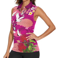 Hawaiian and Japanese Culture Together Women Sleeveless Polo Shirt Pink Ohia Lehua Plumeria and Sakura Blooming LT03 - Polynesian Pride