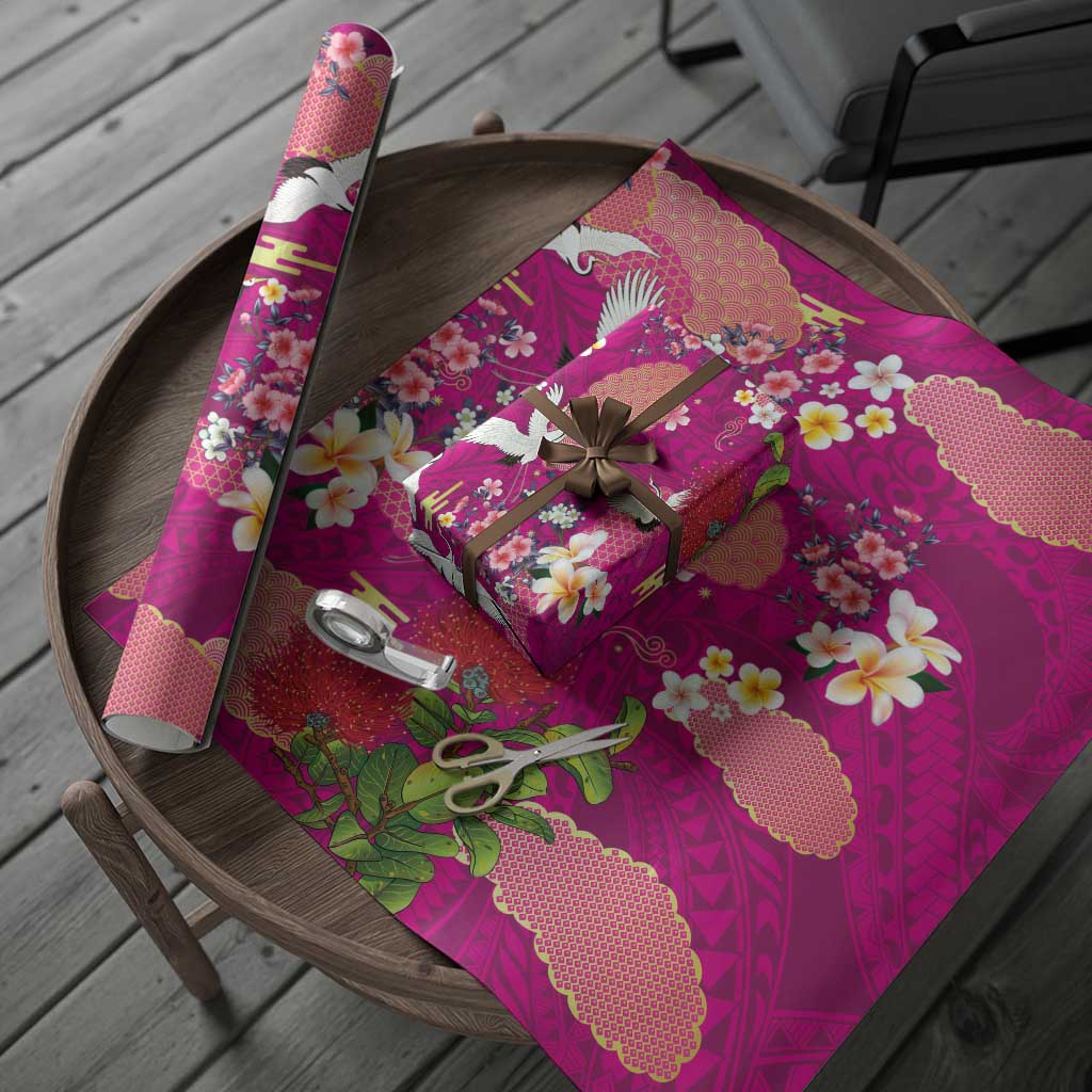 Hawaiian and Japanese Culture Together Wrapping Paper Pink Ohia Lehua Plumeria and Sakura Blooming LT03 - Polynesian Pride