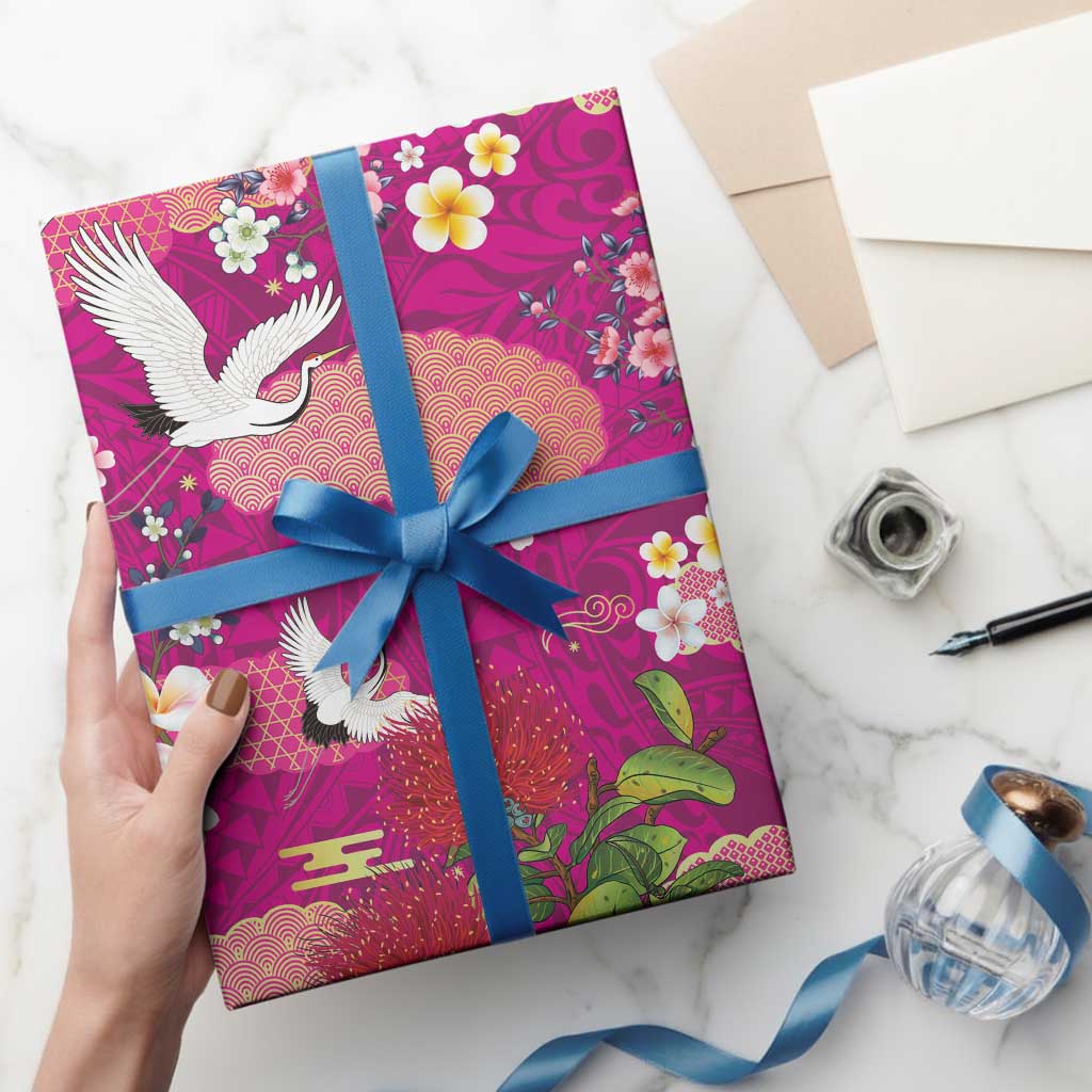 Hawaiian and Japanese Culture Together Wrapping Paper Pink Ohia Lehua Plumeria and Sakura Blooming LT03 - Polynesian Pride