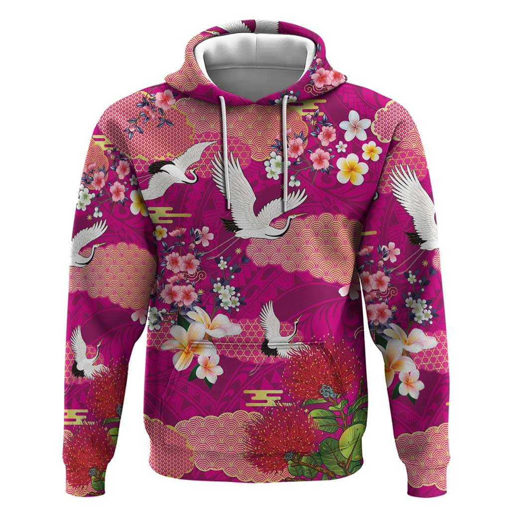 Hawaiian and Japanese Culture Together Zip Hoodie Pink Ohia Lehua Plumeria and Sakura Blooming LT03 Pullover Hoodie Pink - Polynesian Pride