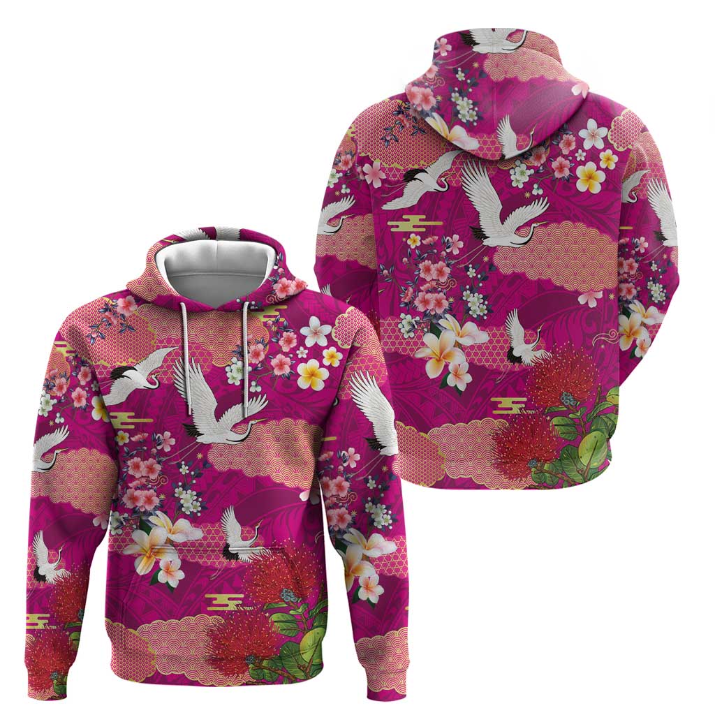 Hawaiian and Japanese Culture Together Zip Hoodie Pink Ohia Lehua Plumeria and Sakura Blooming LT03 - Polynesian Pride
