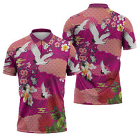 Hawaiian and Japanese Culture Together Zipper Polo Shirt Pink Ohia Lehua Plumeria and Sakura Blooming - Polynesian Pride