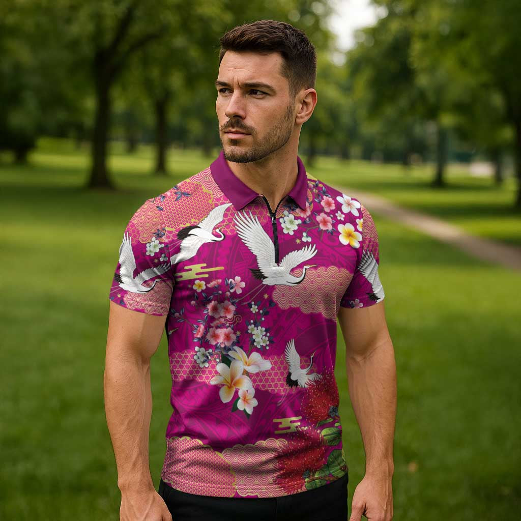 Hawaiian and Japanese Culture Together Zipper Polo Shirt Pink Ohia Lehua Plumeria and Sakura Blooming - Polynesian Pride