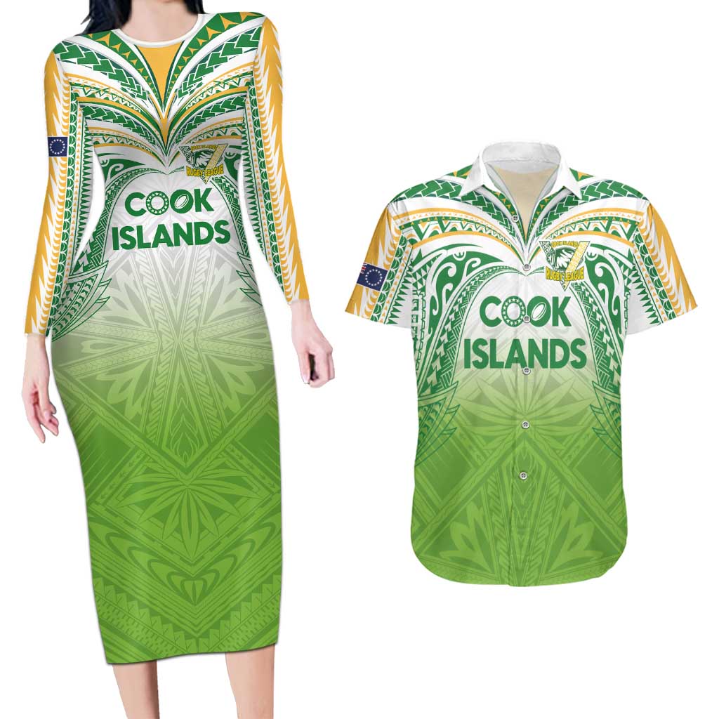 Custom Cook Islands Rugby League Couples Matching Long Sleeve Bodycon Dress and Hawaiian Shirt Tatau Tribal Motifs-Light Green Color LT03 Green - Polynesian Pride