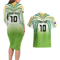 Custom Cook Islands Rugby League Couples Matching Long Sleeve Bodycon Dress and Hawaiian Shirt Tatau Tribal Motifs-Light Green Color LT03 - Polynesian Pride