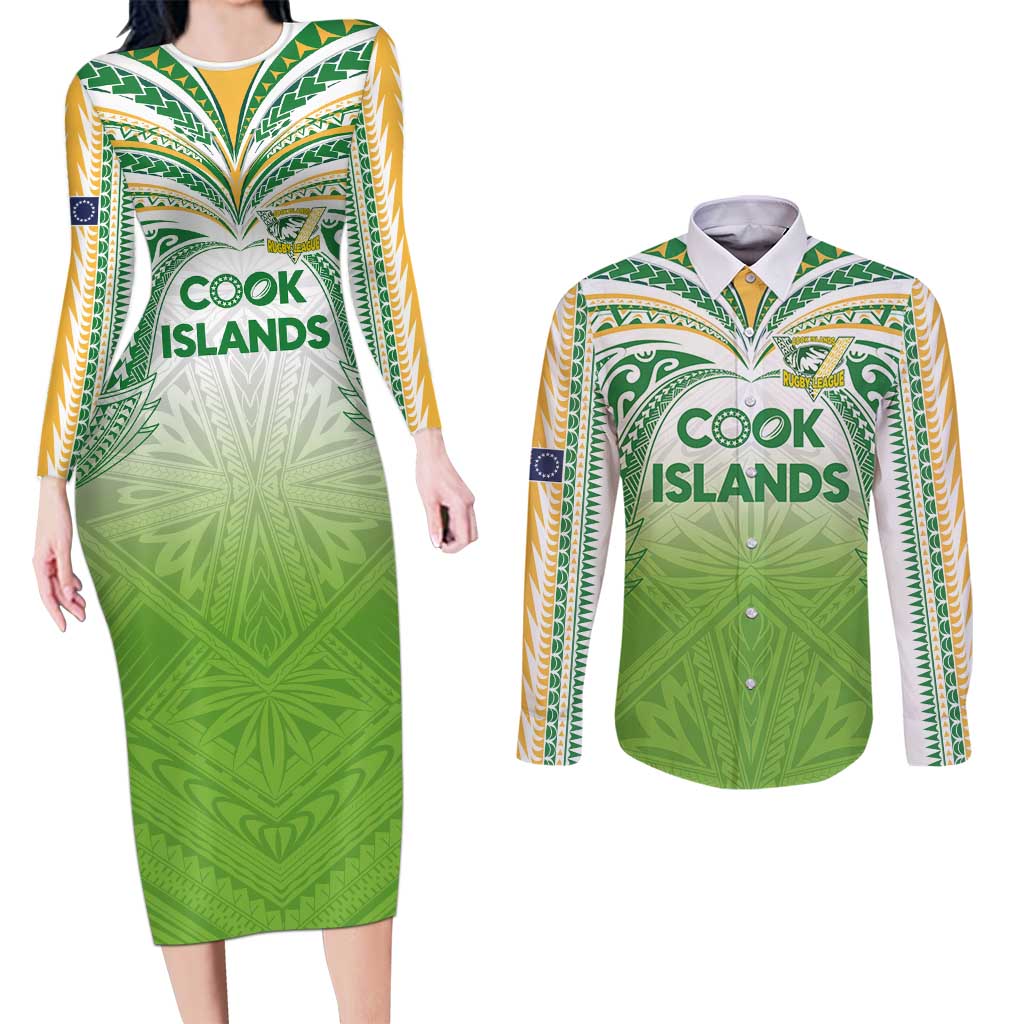 Custom Cook Islands Rugby League Couples Matching Long Sleeve Bodycon Dress and Long Sleeve Button Shirt Tatau Tribal Motifs-Light Green Color LT03 Green - Polynesian Pride