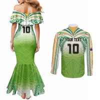 Custom Cook Islands Rugby League Couples Matching Mermaid Dress and Long Sleeve Button Shirt Tatau Tribal Motifs-Light Green Color LT03 - Polynesian Pride
