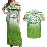 Custom Cook Islands Rugby League Couples Matching Off Shoulder Maxi Dress and Hawaiian Shirt Tatau Tribal Motifs-Light Green Color LT03 Green - Polynesian Pride