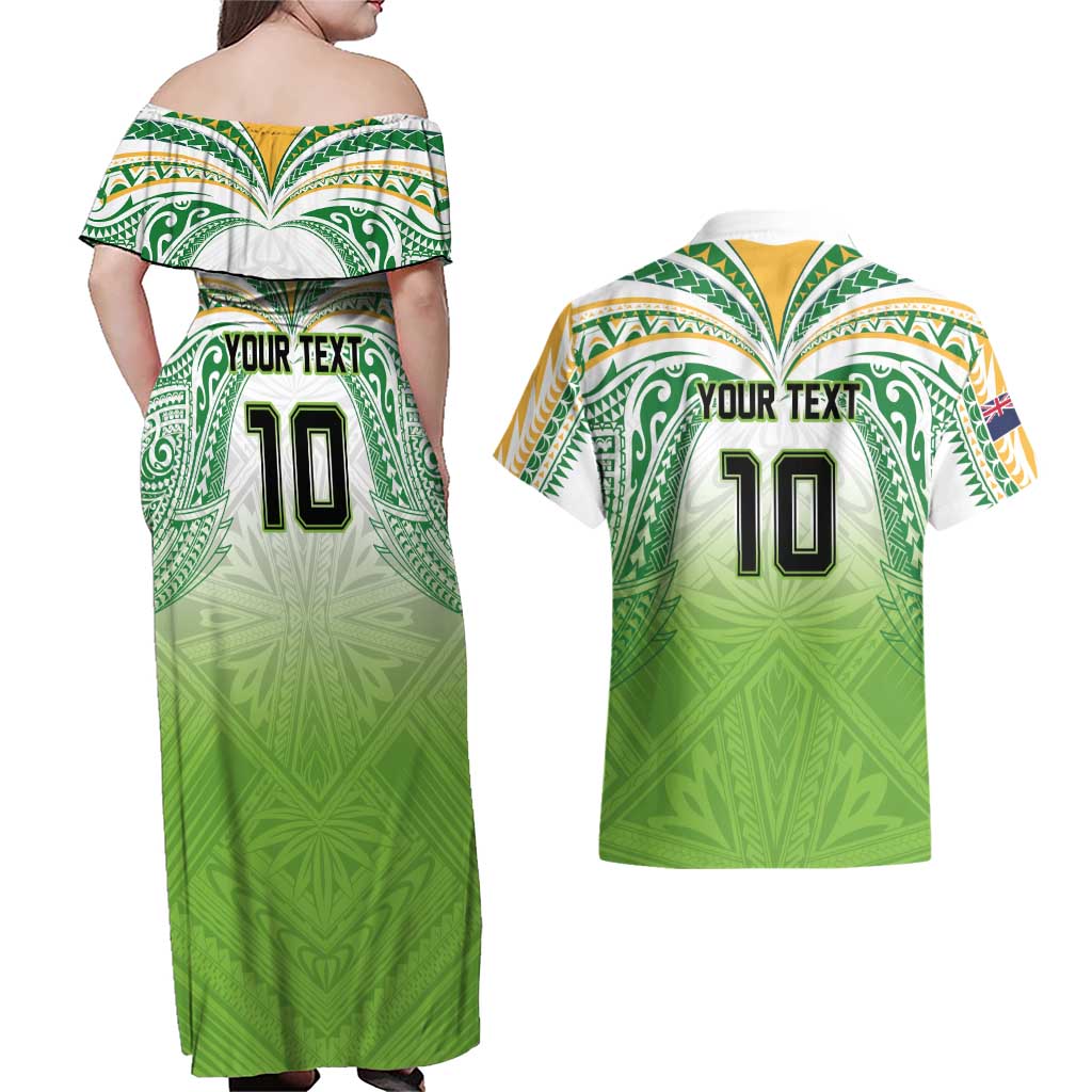 Custom Cook Islands Rugby League Couples Matching Off Shoulder Maxi Dress and Hawaiian Shirt Tatau Tribal Motifs-Light Green Color LT03 - Polynesian Pride
