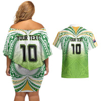 Custom Cook Islands Rugby League Couples Matching Off Shoulder Short Dress and Hawaiian Shirt Tatau Tribal Motifs-Light Green Color LT03 - Polynesian Pride