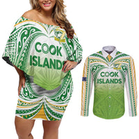 Custom Cook Islands Rugby League Couples Matching Off Shoulder Short Dress and Long Sleeve Button Shirt Tatau Tribal Motifs-Light Green Color LT03 Green - Polynesian Pride