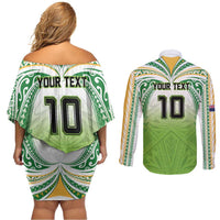 Custom Cook Islands Rugby League Couples Matching Off Shoulder Short Dress and Long Sleeve Button Shirt Tatau Tribal Motifs-Light Green Color LT03 - Polynesian Pride