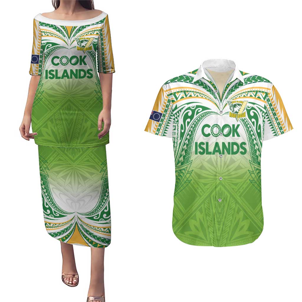 Custom Cook Islands Rugby League Couples Matching Puletasi and Hawaiian Shirt Tatau Tribal Motifs-Light Green Color LT03 Green - Polynesian Pride