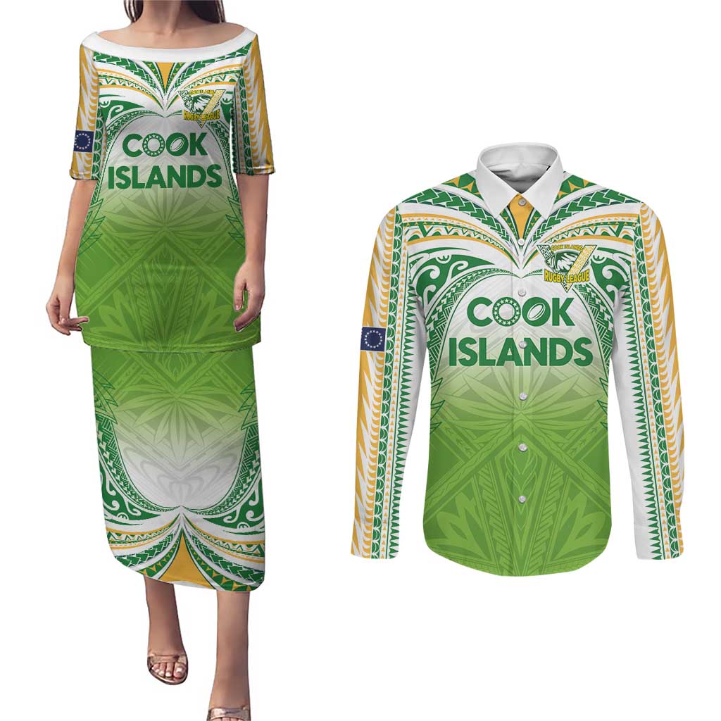Custom Cook Islands Rugby League Couples Matching Puletasi and Long Sleeve Button Shirt Tatau Tribal Motifs-Light Green Color - Polynesian Pride