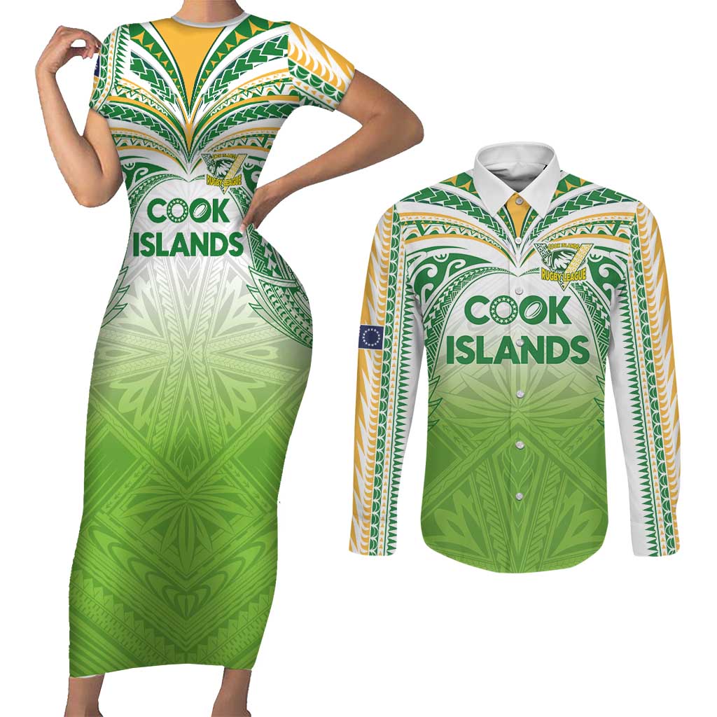 Custom Cook Islands Rugby League Couples Matching Short Sleeve Bodycon Dress and Long Sleeve Button Shirt Tatau Tribal Motifs-Light Green Color - Polynesian Pride
