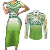 Custom Cook Islands Rugby League Couples Matching Short Sleeve Bodycon Dress and Long Sleeve Button Shirt Tatau Tribal Motifs-Light Green Color LT03 Green - Polynesian Pride