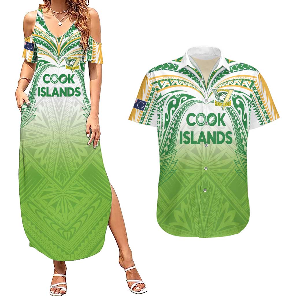 Custom Cook Islands Rugby League Couples Matching Summer Maxi Dress and Hawaiian Shirt Tatau Tribal Motifs-Light Green Color LT03 Green - Polynesian Pride