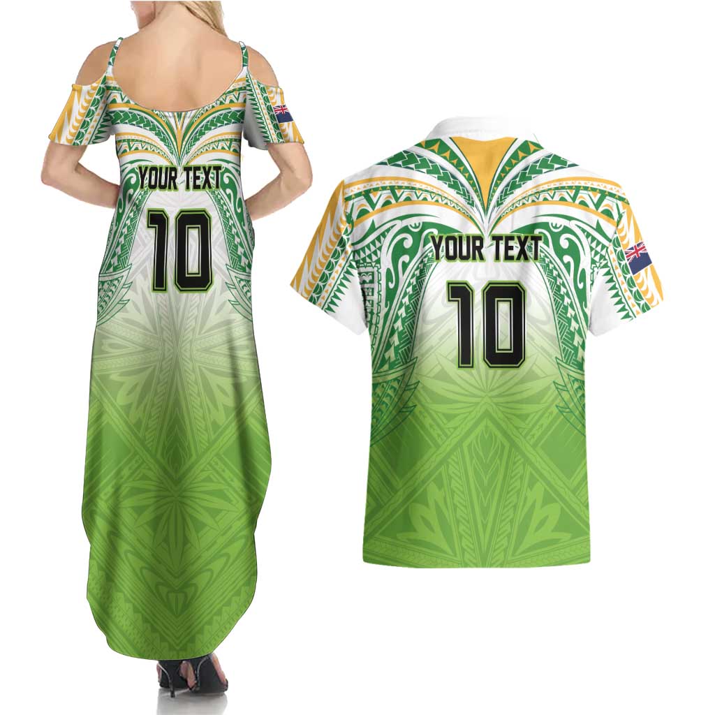 Custom Cook Islands Rugby League Couples Matching Summer Maxi Dress and Hawaiian Shirt Tatau Tribal Motifs-Light Green Color LT03 - Polynesian Pride