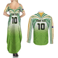 Custom Cook Islands Rugby League Couples Matching Summer Maxi Dress and Long Sleeve Button Shirt Tatau Tribal Motifs-Light Green Color LT03 - Polynesian Pride