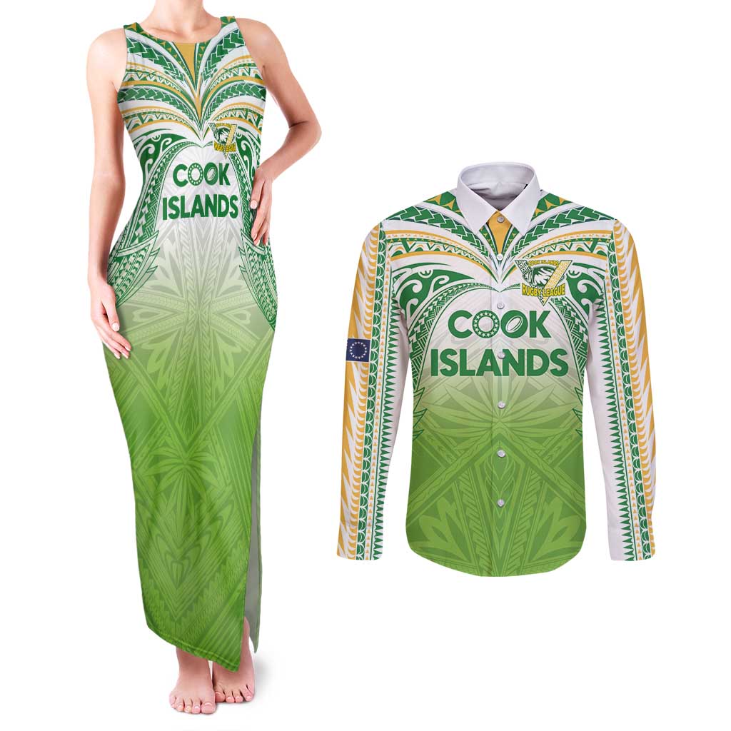 Custom Cook Islands Rugby League Couples Matching Tank Maxi Dress and Long Sleeve Button Shirt Tatau Tribal Motifs-Light Green Color LT03 Green - Polynesian Pride