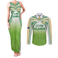 Custom Cook Islands Rugby League Couples Matching Tank Maxi Dress and Long Sleeve Button Shirt Tatau Tribal Motifs-Light Green Color LT03 Green - Polynesian Pride