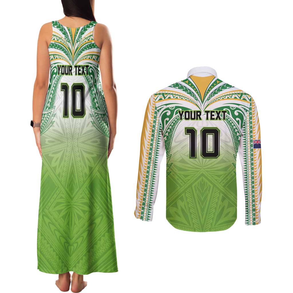 Custom Cook Islands Rugby League Couples Matching Tank Maxi Dress and Long Sleeve Button Shirt Tatau Tribal Motifs-Light Green Color LT03 - Polynesian Pride