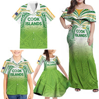 Custom Cook Islands Rugby League Family Matching Off Shoulder Maxi Dress and Hawaiian Shirt Tatau Tribal Motifs-Light Green Color LT03 - Polynesian Pride