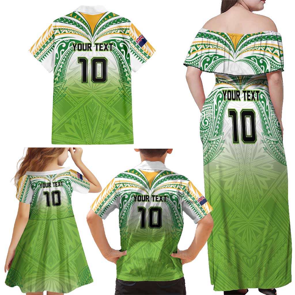 Custom Cook Islands Rugby League Family Matching Off Shoulder Maxi Dress and Hawaiian Shirt Tatau Tribal Motifs-Light Green Color LT03 - Polynesian Pride