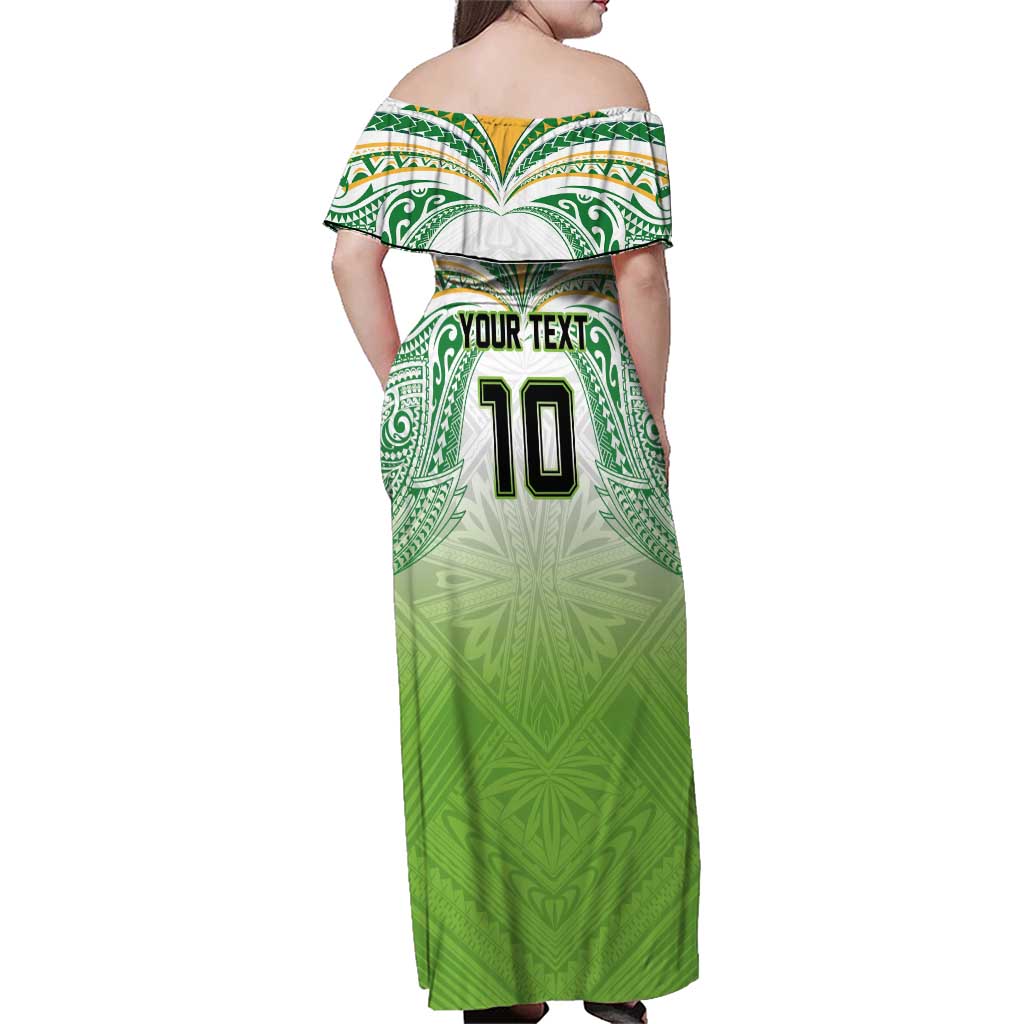 Custom Cook Islands Rugby League Family Matching Off Shoulder Maxi Dress and Hawaiian Shirt Tatau Tribal Motifs-Light Green Color LT03 - Polynesian Pride