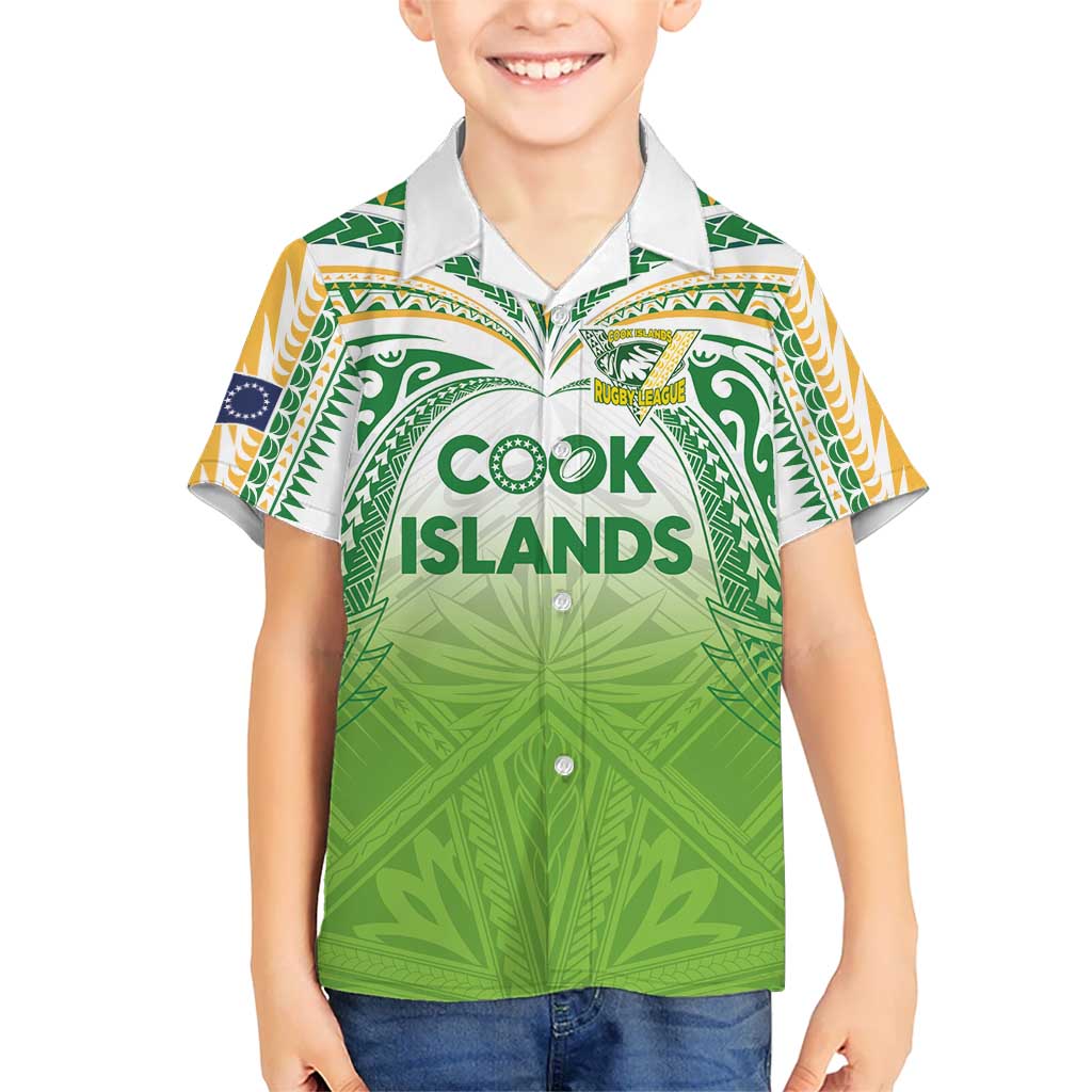 Custom Cook Islands Rugby League Family Matching Off Shoulder Maxi Dress and Hawaiian Shirt Tatau Tribal Motifs-Light Green Color LT03 Son's Shirt Green - Polynesian Pride