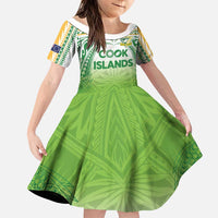 Custom Cook Islands Rugby League Family Matching Off Shoulder Short Dress and Hawaiian Shirt Tatau Tribal Motifs-Light Green Color LT03 Daughter's Dress Green - Polynesian Pride