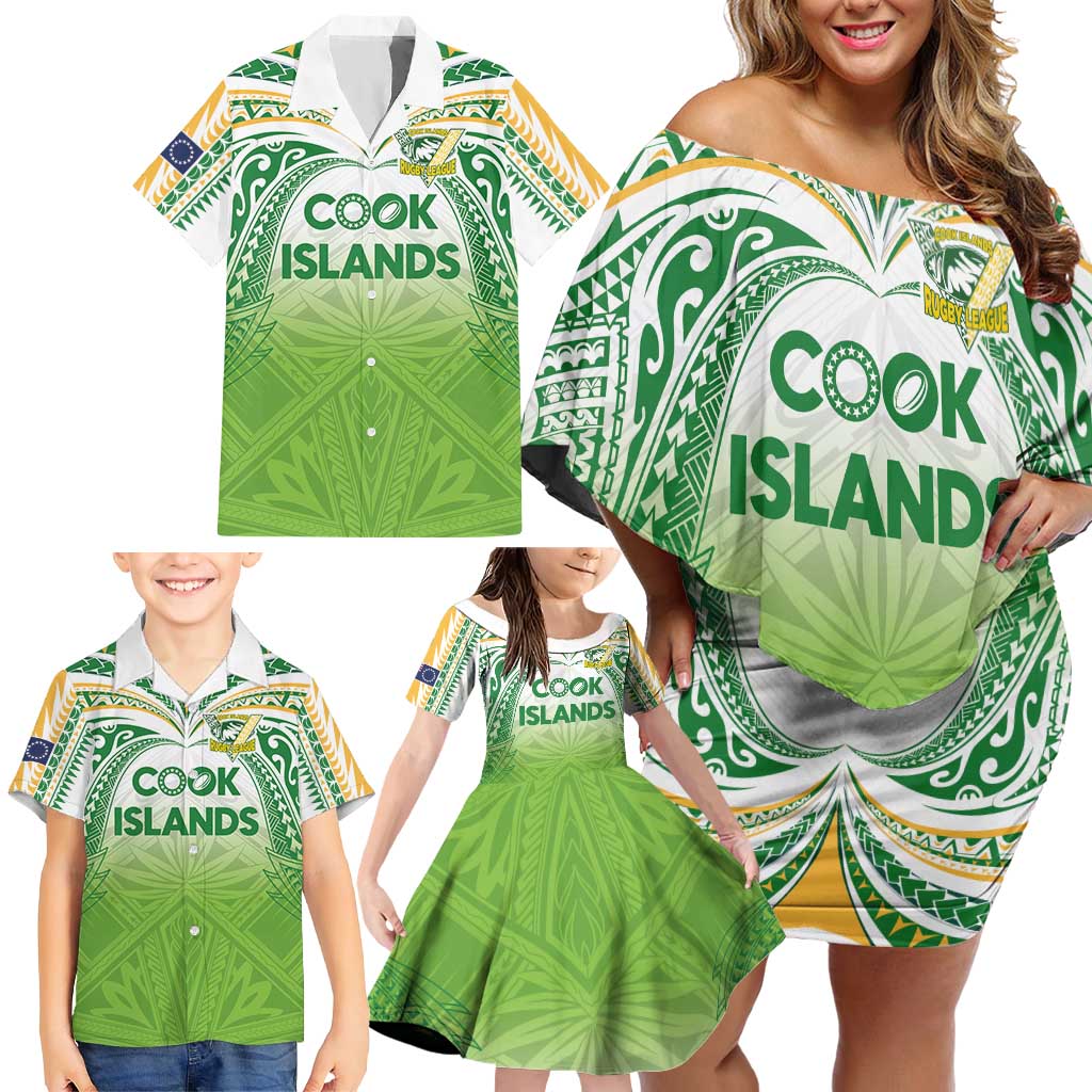Custom Cook Islands Rugby League Family Matching Off Shoulder Short Dress and Hawaiian Shirt Tatau Tribal Motifs-Light Green Color - Polynesian Pride