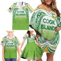 Custom Cook Islands Rugby League Family Matching Off Shoulder Short Dress and Hawaiian Shirt Tatau Tribal Motifs-Light Green Color LT03 - Polynesian Pride