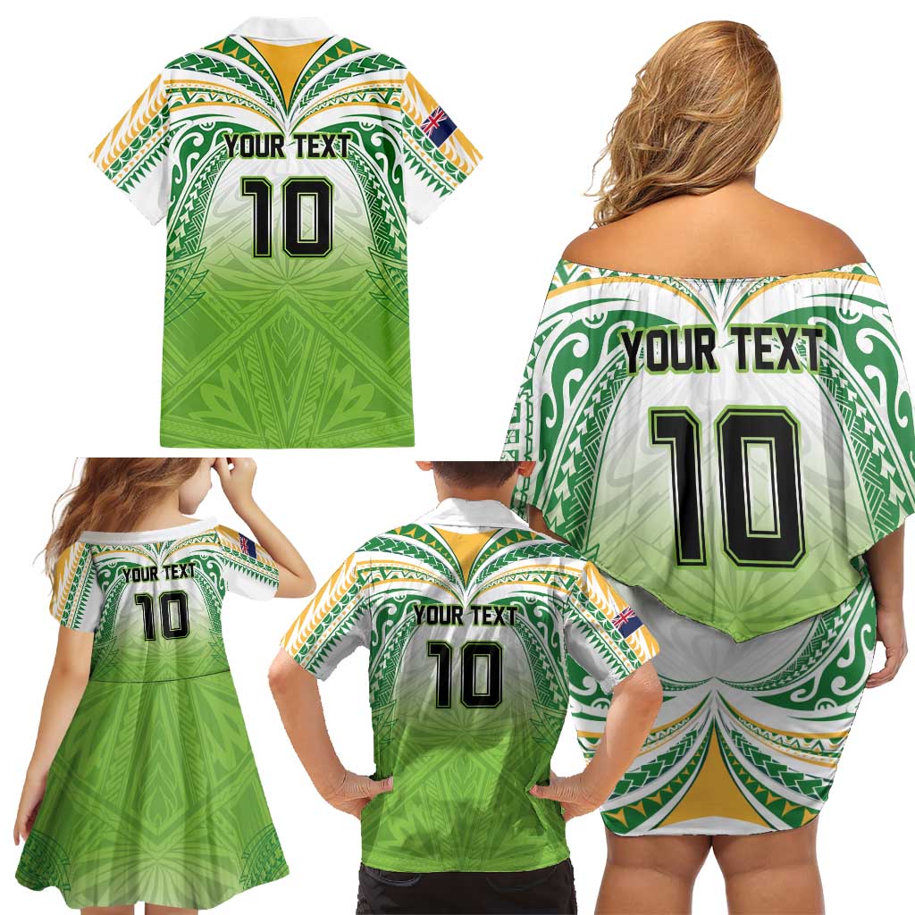 Custom Cook Islands Rugby League Family Matching Off Shoulder Short Dress and Hawaiian Shirt Tatau Tribal Motifs-Light Green Color LT03 - Polynesian Pride