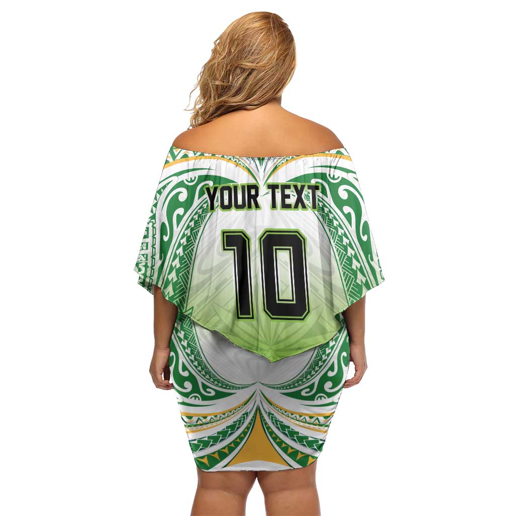 Custom Cook Islands Rugby League Family Matching Off Shoulder Short Dress and Hawaiian Shirt Tatau Tribal Motifs-Light Green Color LT03 - Polynesian Pride