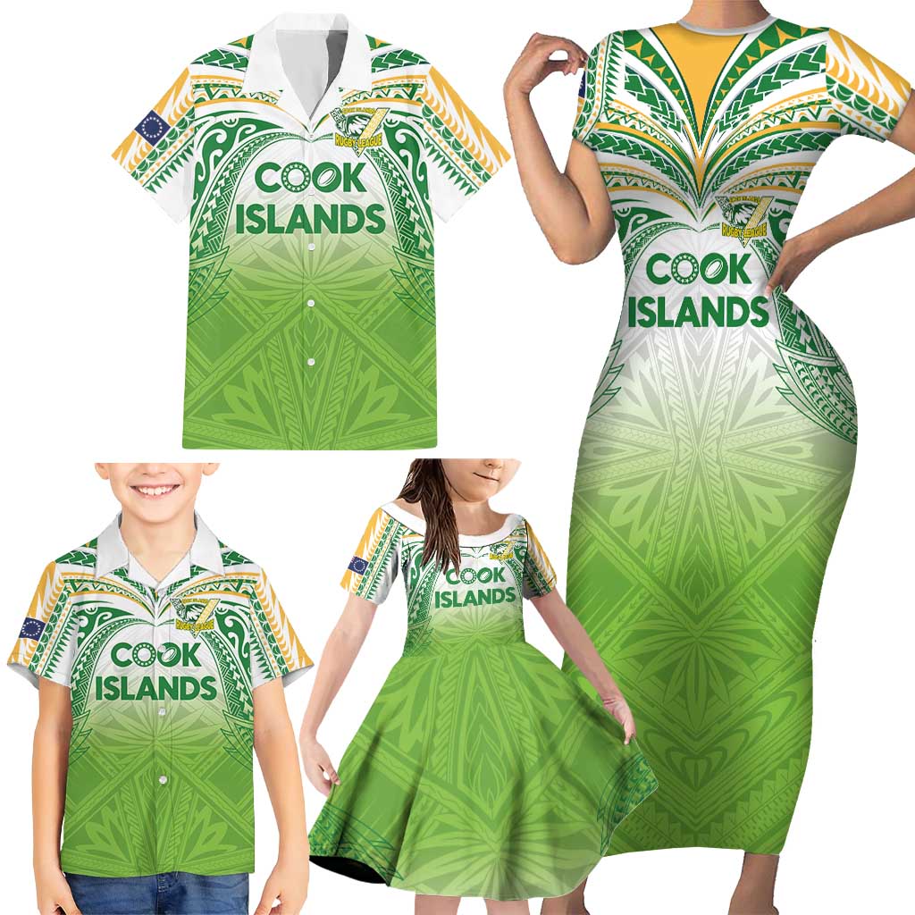 Custom Cook Islands Rugby League Family Matching Short Sleeve Bodycon Dress and Hawaiian Shirt Tatau Tribal Motifs-Light Green Color - Polynesian Pride