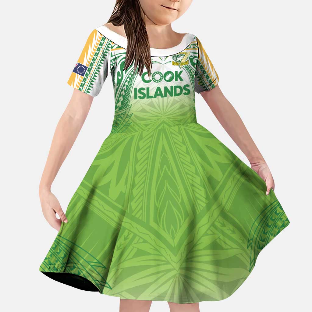 Custom Cook Islands Rugby League Family Matching Summer Maxi Dress and Hawaiian Shirt Tatau Tribal Motifs-Light Green Color LT03 Daughter's Dress Green - Polynesian Pride