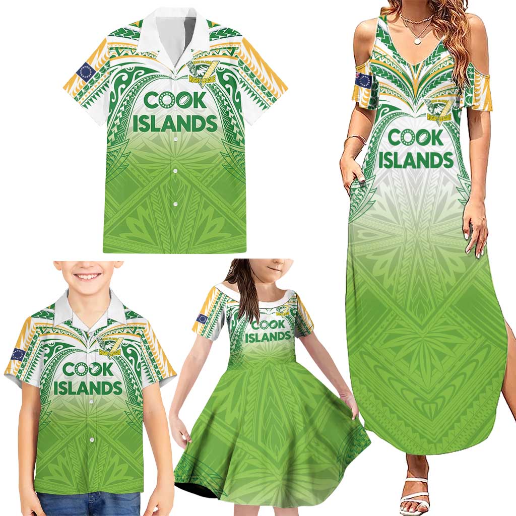 Custom Cook Islands Rugby League Family Matching Summer Maxi Dress and Hawaiian Shirt Tatau Tribal Motifs-Light Green Color - Polynesian Pride