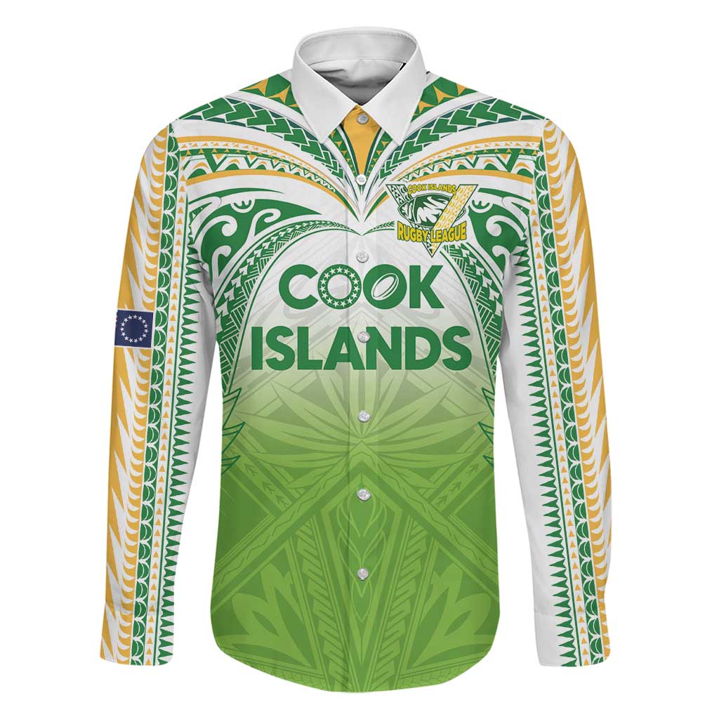 Custom Cook Islands Rugby League Family Matching Tank Maxi Dress and Hawaiian Shirt Tatau Tribal Motifs-Light Green Color LT03 Dad's Shirt - Long Sleeve Green - Polynesian Pride