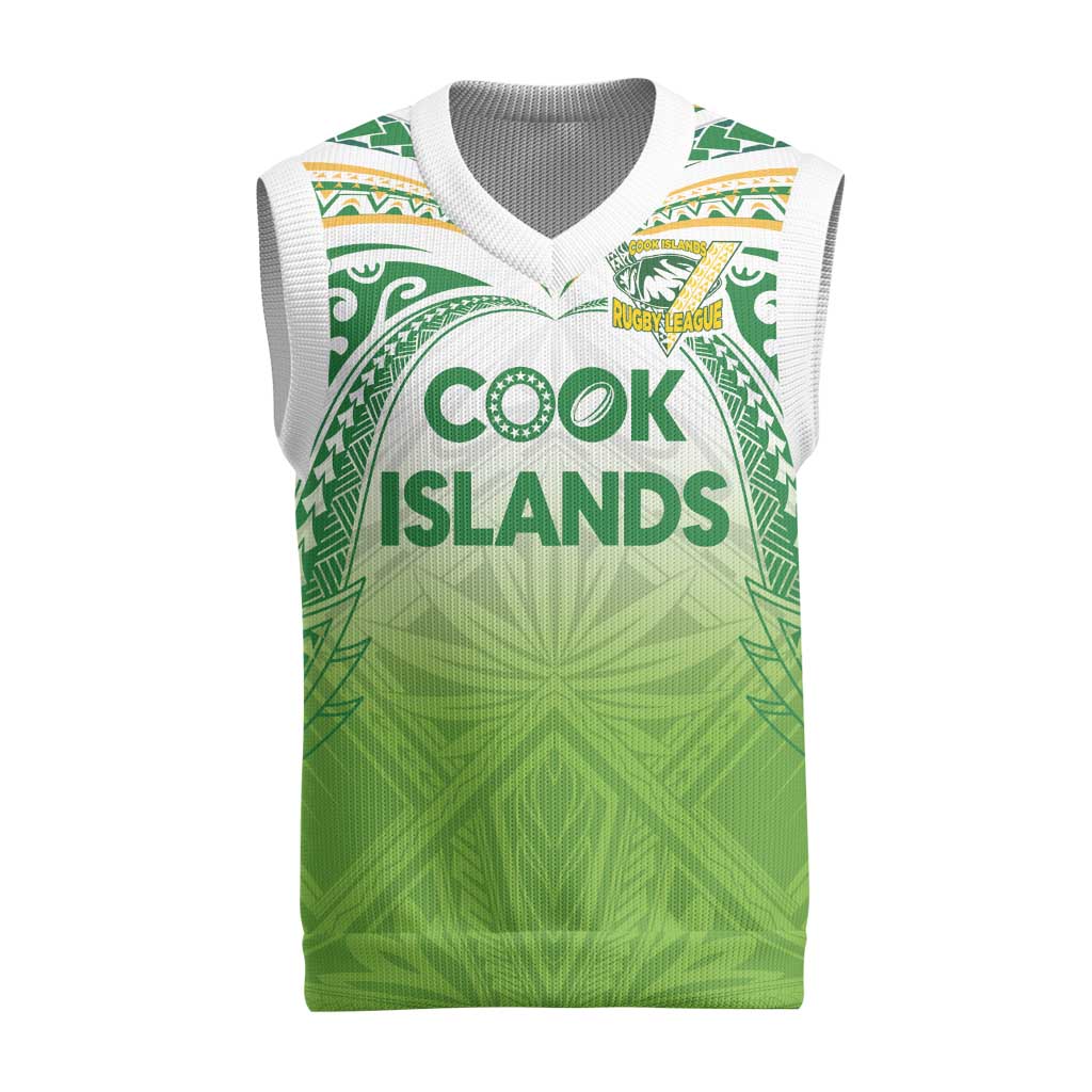 Custom Cook Islands Rugby League Christmas Knitted V-Neck Vest Tatau Tribal Motifs-Light Green Color LT03 Green - Polynesian Pride