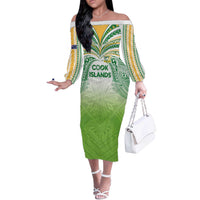 Custom Cook Islands Rugby League Off The Shoulder Long Sleeve Dress Tatau Tribal Motifs-Light Green Color LT03 Women Green - Polynesian Pride