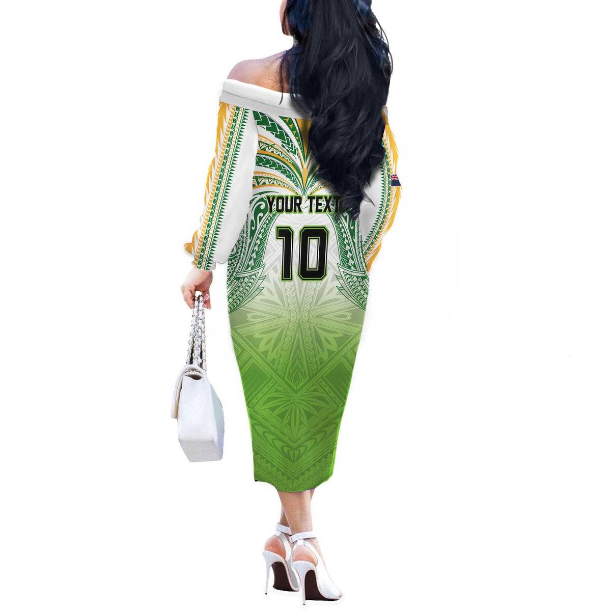 Custom Cook Islands Rugby League Off The Shoulder Long Sleeve Dress Tatau Tribal Motifs-Light Green Color LT03 - Polynesian Pride