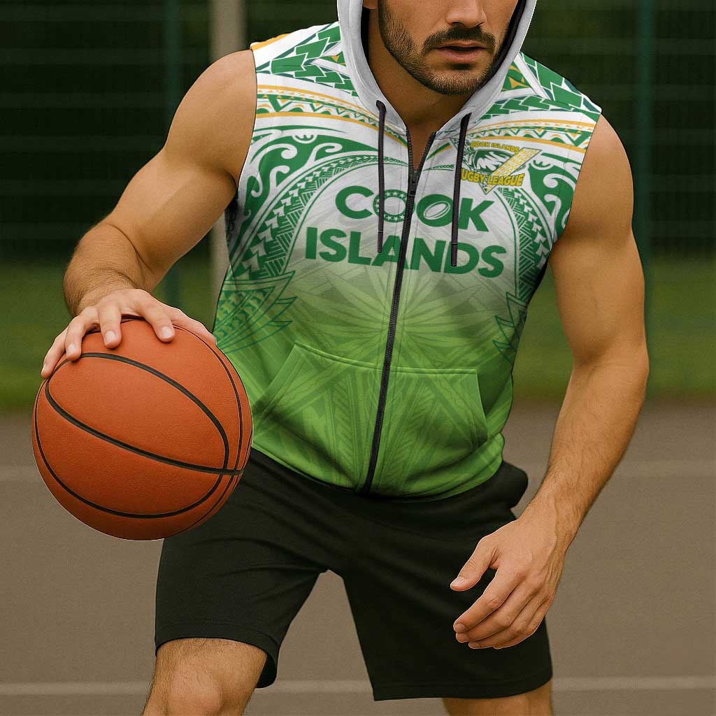 Custom Cook Islands Rugby League Sleeveless Zip Hoodie Tatau Tribal Motifs-Light Green Color LT03 - Polynesian Pride