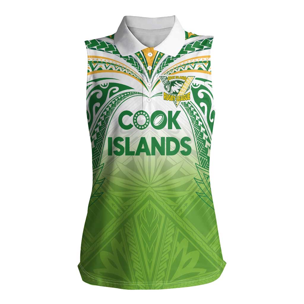 Custom Cook Islands Rugby League Women Sleeveless Polo Shirt Tatau Tribal Motifs-Light Green Color LT03 Female Green - Polynesian Pride