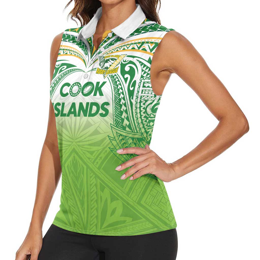Custom Cook Islands Rugby League Women Sleeveless Polo Shirt Tatau Tribal Motifs-Light Green Color LT03 - Polynesian Pride