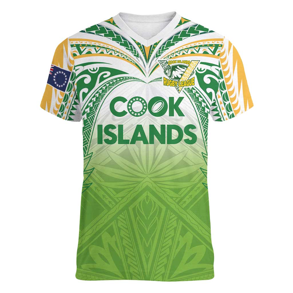 Custom Cook Islands Rugby League Women V-Neck T-Shirt Tatau Tribal Motifs-Light Green Color LT03 Female Green - Polynesian Pride