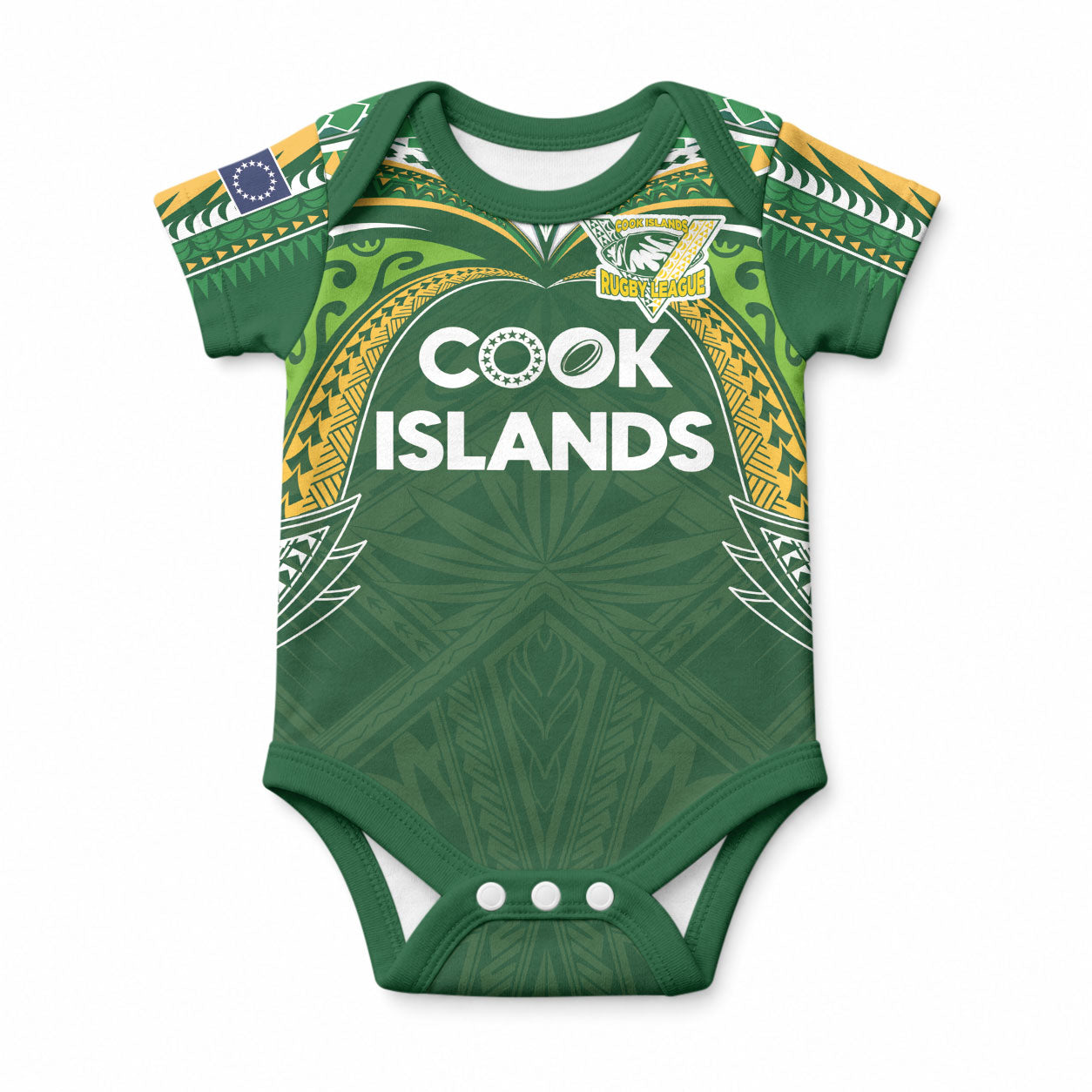 Custom Cook Islands Rugby League Baby Onesie Tatau Tribal Motifs-Dark Green Color LT03 Green - Polynesian Pride