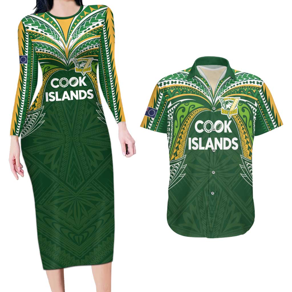 Custom Cook Islands Rugby League Couples Matching Long Sleeve Bodycon Dress and Hawaiian Shirt Tatau Tribal Motifs-Dark Green Color LT03 Green - Polynesian Pride