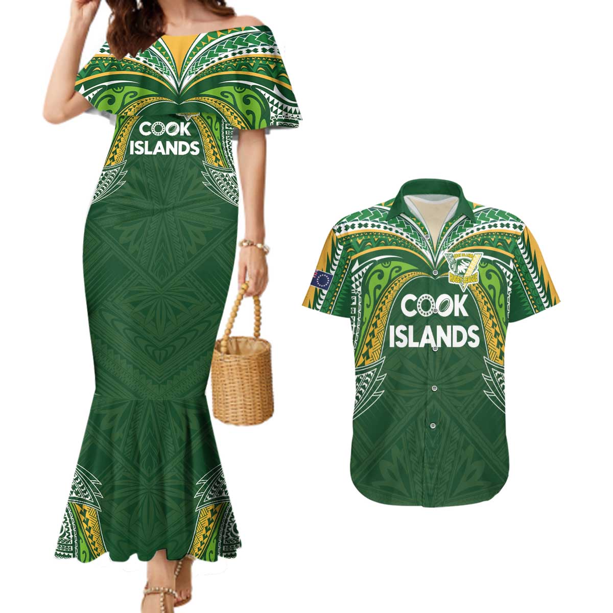 Custom Cook Islands Rugby League Couples Matching Mermaid Dress and Hawaiian Shirt Tatau Tribal Motifs-Dark Green Color LT03 Green - Polynesian Pride